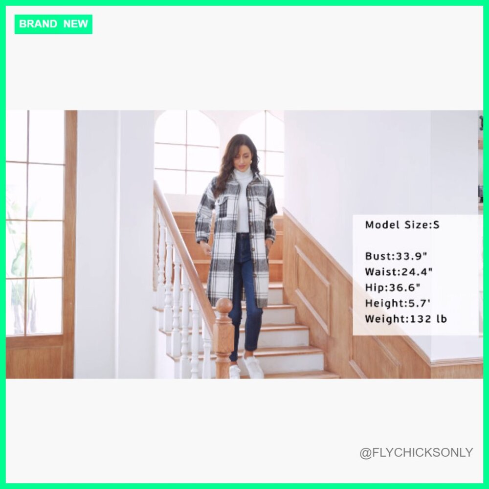 Polyester Blend Oversized Long Plaid Shacket Jack… - image 7